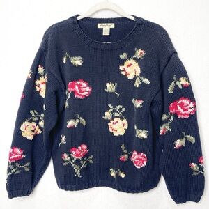 Eddie Bauer Vintage Floral Needlepoint Knit Sweater 100% Cotton 90s Size Large